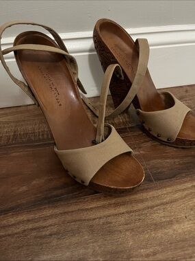 Stella McCartney Beige Canvas Strappy Wedge Sandals